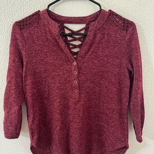 No Boundaries Long Sleeve Red Top with Buttons and Lace Back